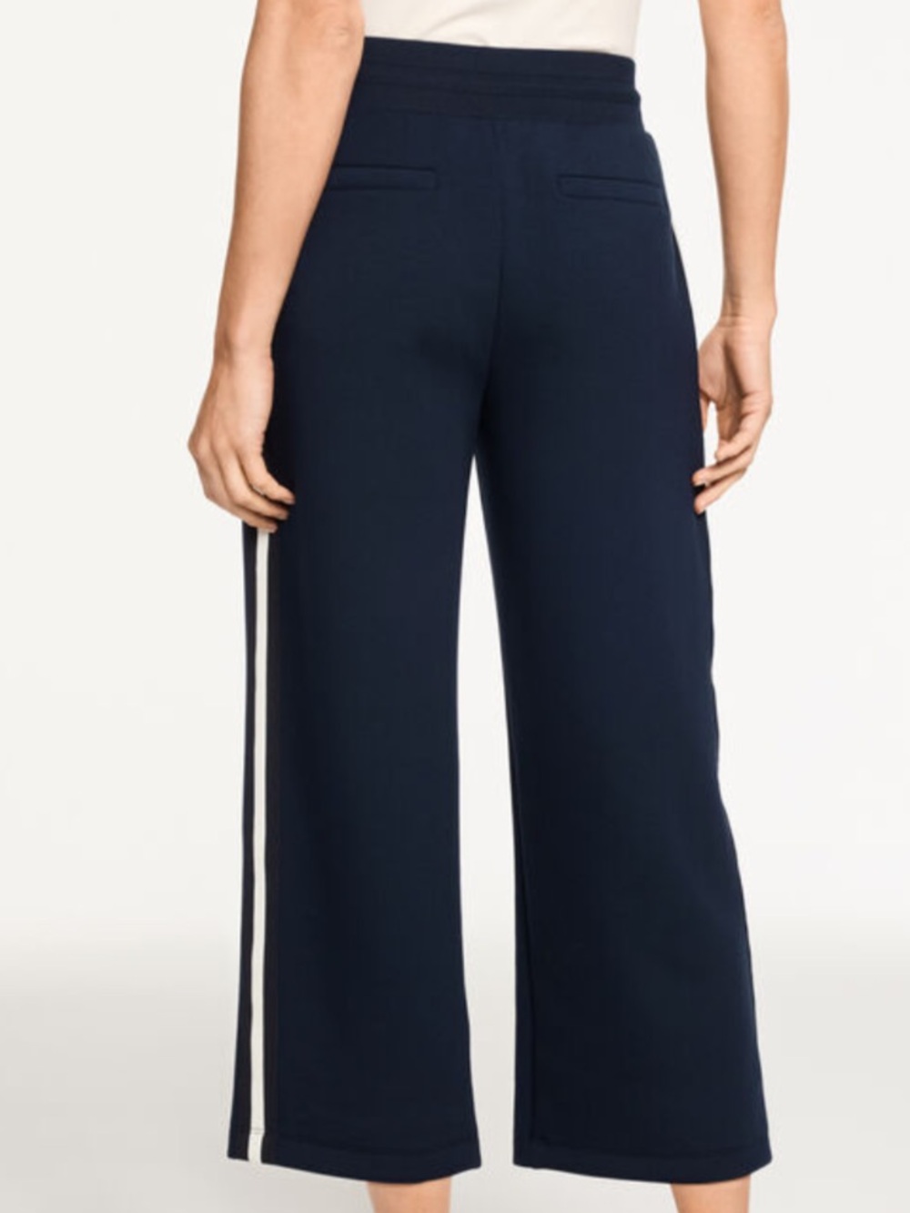 T By Talbots Women 1X Navy Blue AirKnit Stretch Wide Crop Side Stripe Pants NWOT - Picture 2 of 11